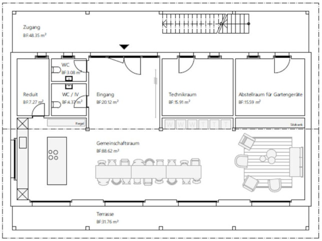 Grundriss Haus A Erdgeschoss. Gedacht für das gemeinschaftliche Leben. Gemeinschaftsraum mit geräumiger Küche, Ess- und Gesellschaftsbereich laden zum Verweilen ein.