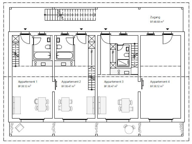 Grundriss Haus B Erdgeschoss. Der Wohnraum ist eingeteilt in vier Appartements (38m2) angelehnt an die Wohnweise von Tiny houses.